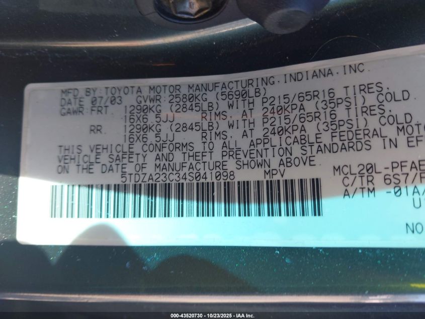 2004 Toyota Sienna Ce VIN: 5TDZA23C34S041098 Lot: 43520730