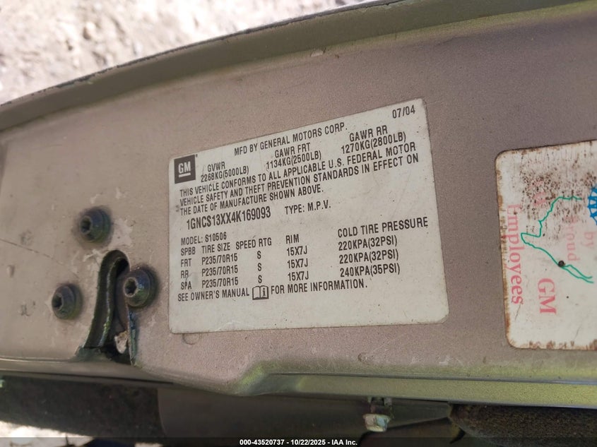 2004 Chevrolet Blazer Ls VIN: 1GNCS13XX4K169093 Lot: 43520737