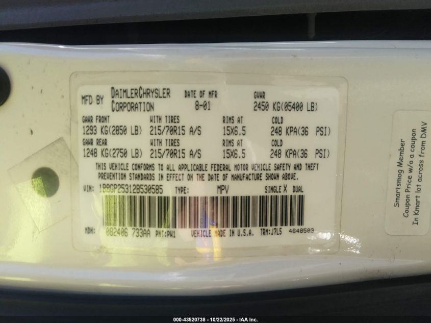 2002 Dodge Caravan Se VIN: 1B8GP25312B530585 Lot: 43520738