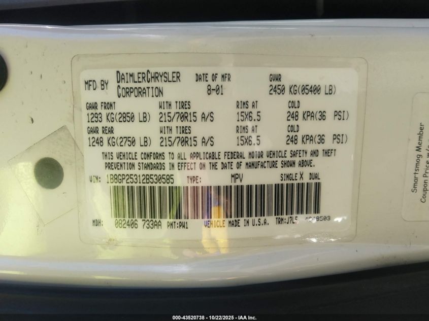 2002 Dodge Caravan Se VIN: 1B8GP25312B530585 Lot: 43520738