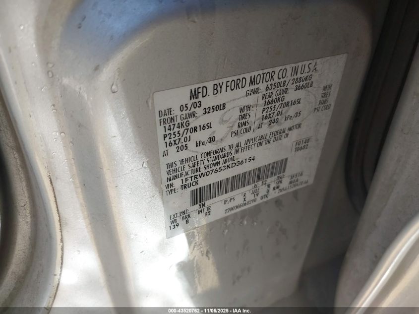 2003 Ford F-150 Lariat/Xlt VIN: 1FTRW07653KD36154 Lot: 43520762