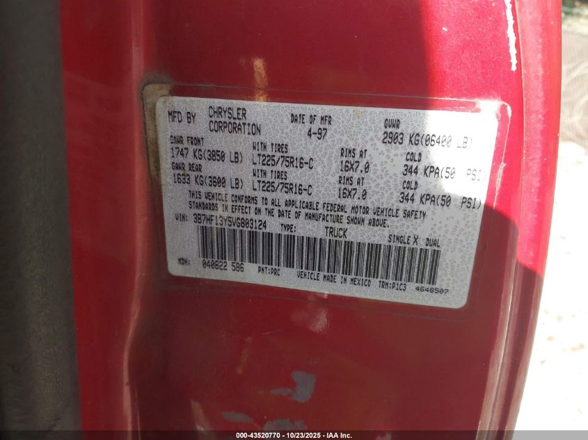 1997 Dodge Ram 1500 St VIN: 3B7HF13Y5VG803124 Lot: 43520770