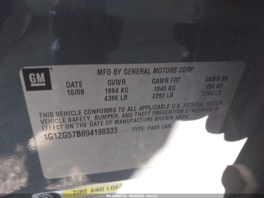 2009 Chevrolet Malibu Ls VIN: 1G1ZG57B894198333 Lot: 43520775