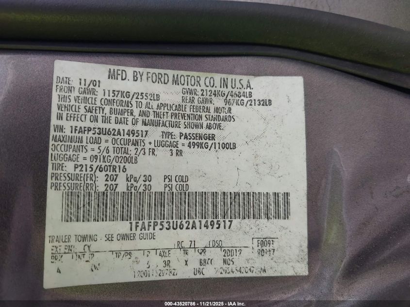2002 Ford Taurus Se VIN: 1FAFP53U62A149517 Lot: 43520786