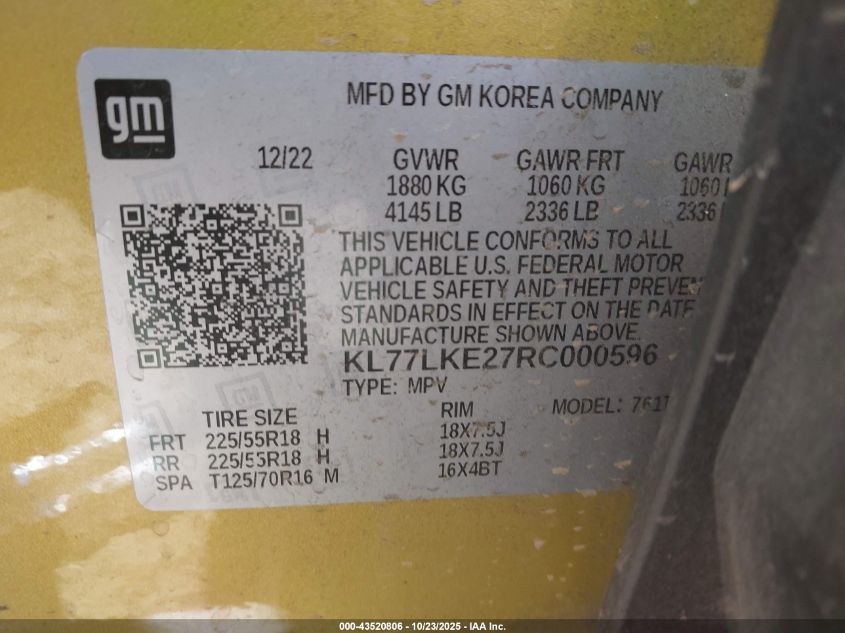 2024 Chevrolet Trax Fwd Activ VIN: KL77LKE27RC000596 Lot: 43520806