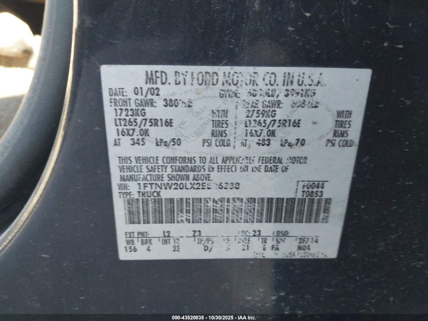 2002 Ford F-250 Lariat/Xl/Xlt VIN: 1FTNW20LX2EB86338 Lot: 43520838