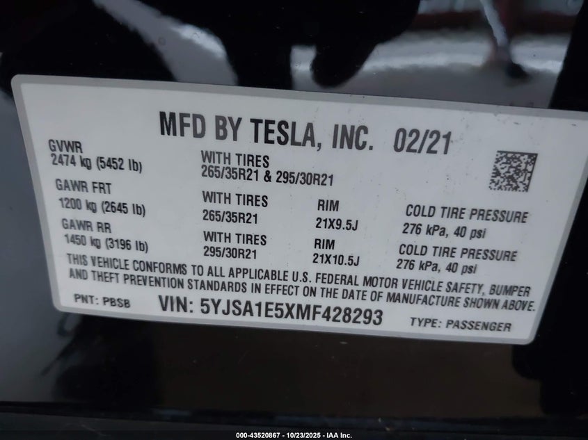 2021 TESLA MODEL S LONG RANGE DUAL MOTOR ALL-WHEEL DRIVE 5YJSA1E5XMF428293