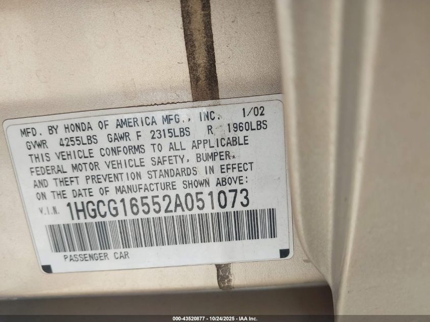 2002 Honda Accord 3.0 Ex VIN: 1HGCG16552A051073 Lot: 43520877