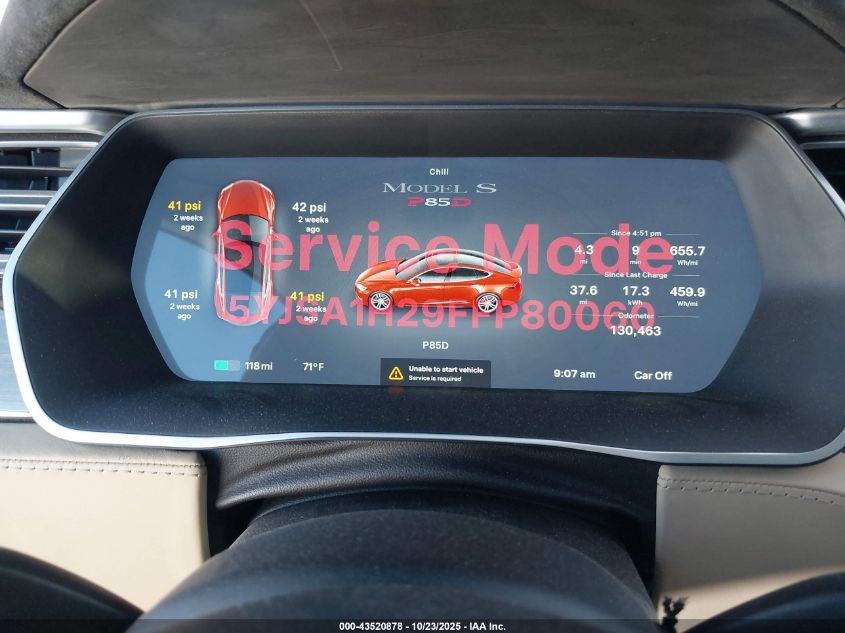 2015 Tesla Model S 70D/85D/P85D VIN: 5YJSA1H29FFP80060 Lot: 43520878