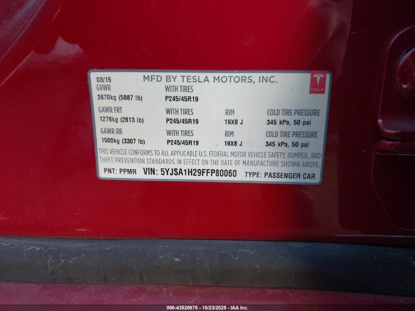 2015 Tesla Model S 70D/85D/P85D VIN: 5YJSA1H29FFP80060 Lot: 43520878