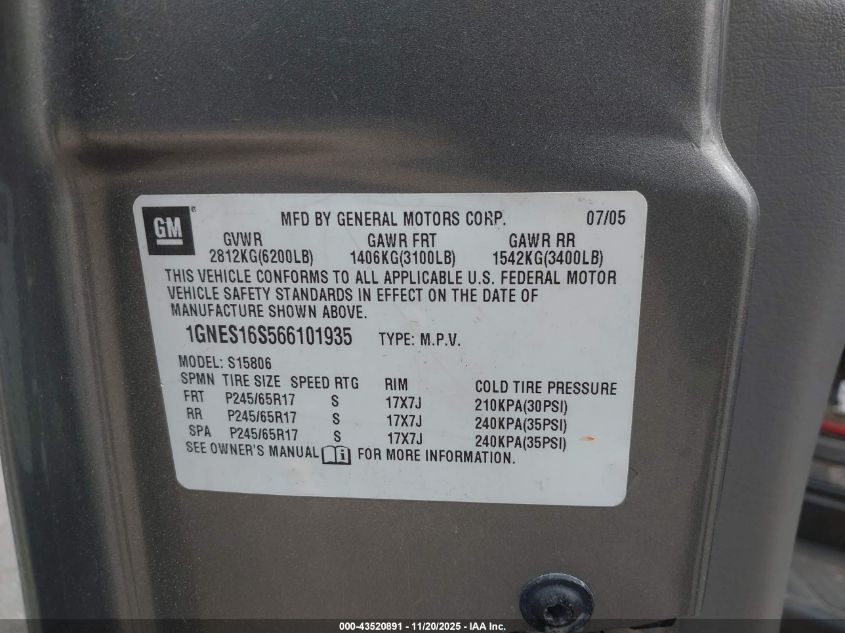 2006 Chevrolet Trailblazer Ext Ls VIN: 1GNES16S566101935 Lot: 43520891