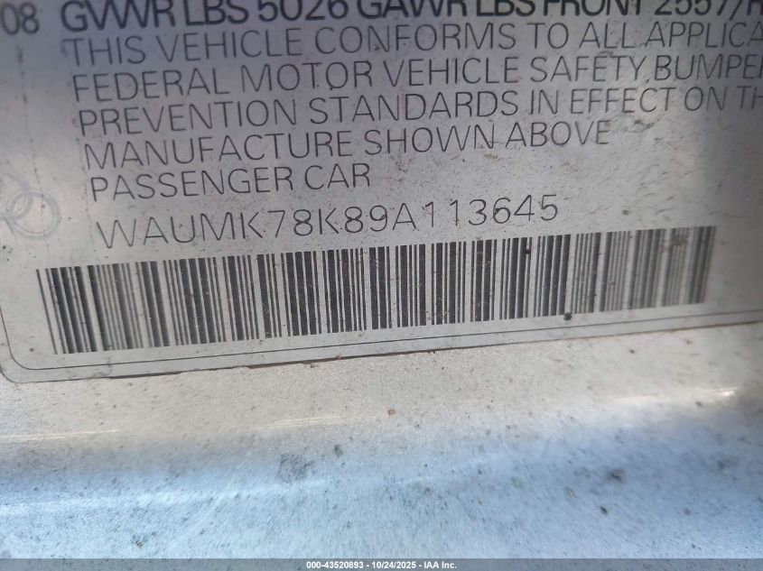 2009 Audi A4 3.2 Premium Plus VIN: WAUMK78K89A113645 Lot: 43520893