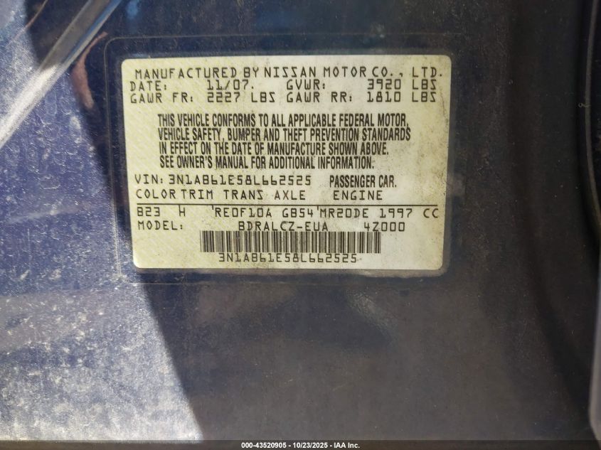 2008 Nissan Sentra 2.0 VIN: 3N1AB61E58L662525 Lot: 43520905