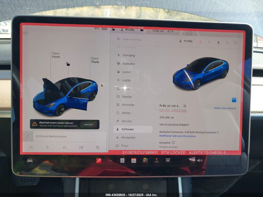 2020 Tesla Model 3 Performance VIN: 5YJ3E1EC1LF586611 Lot: 43520920