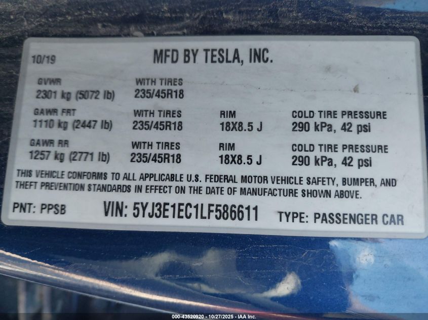 2020 Tesla Model 3 Performance VIN: 5YJ3E1EC1LF586611 Lot: 43520920