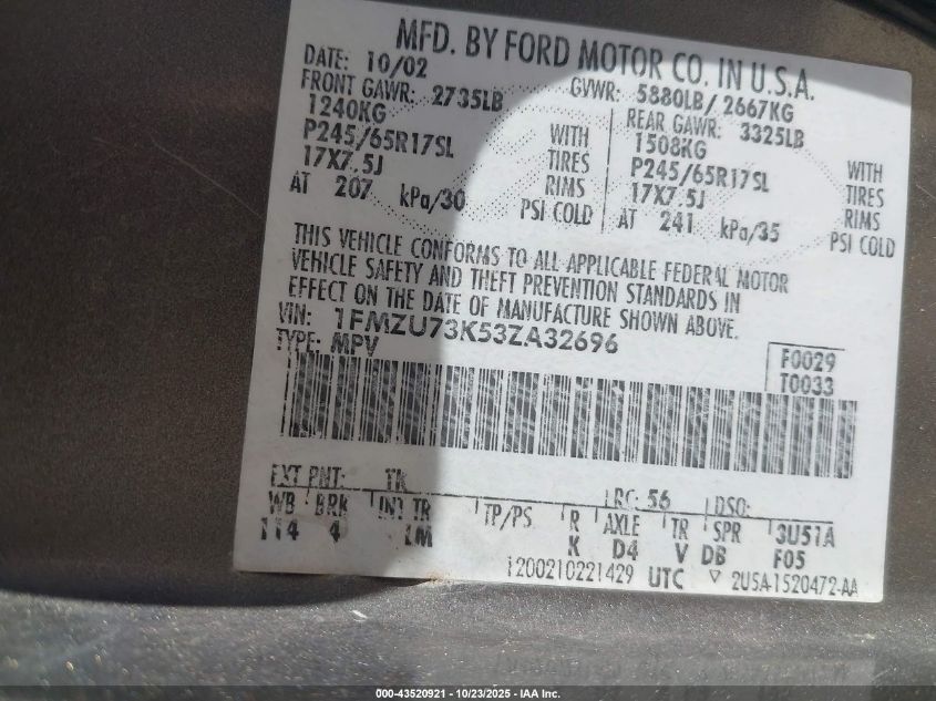 2003 Ford Explorer Nbx/Xlt VIN: 1FMZU73K53ZA32696 Lot: 43520921