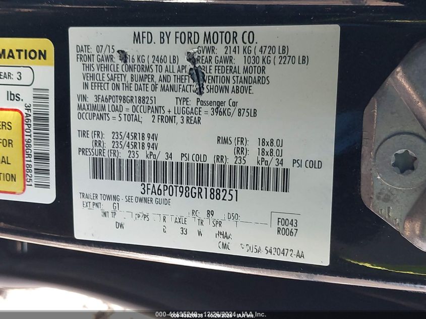 2016 Ford Fusion Se VIN: 3FA6P0T98GR188251 Lot: 43520938