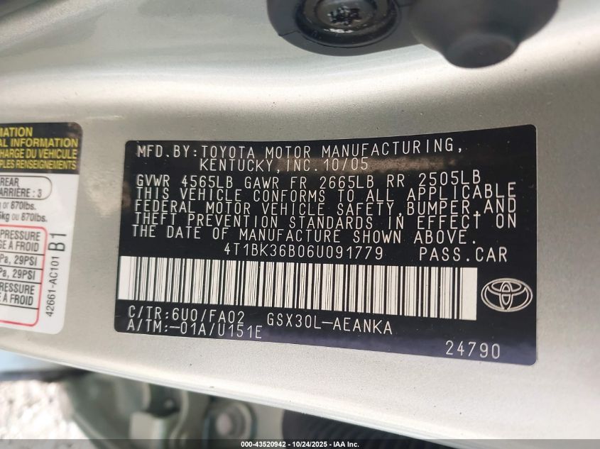 2006 Toyota Avalon Xl VIN: 4T1BK36B06U091779 Lot: 43520942