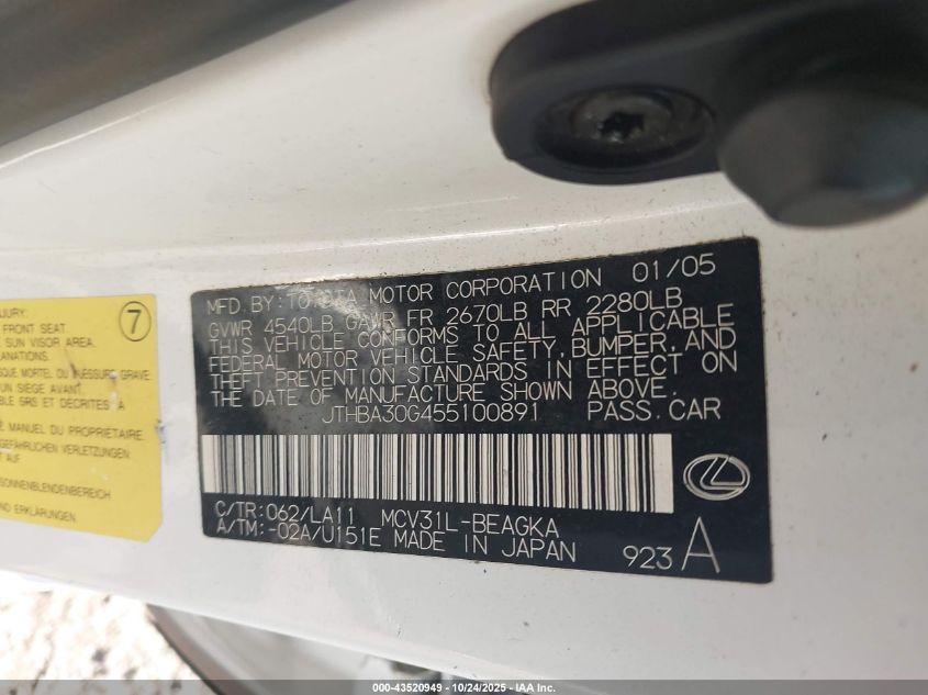 2005 Lexus Es 330 VIN: JTHBA30G455100891 Lot: 43520949