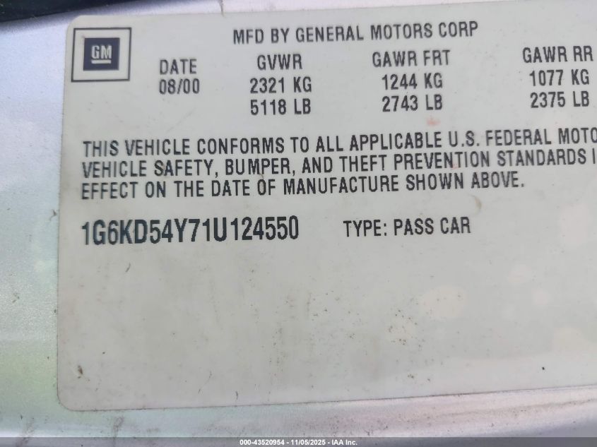 2001 Cadillac Deville Standard W/W20 VIN: 1G6KD54Y71U124550 Lot: 43520954