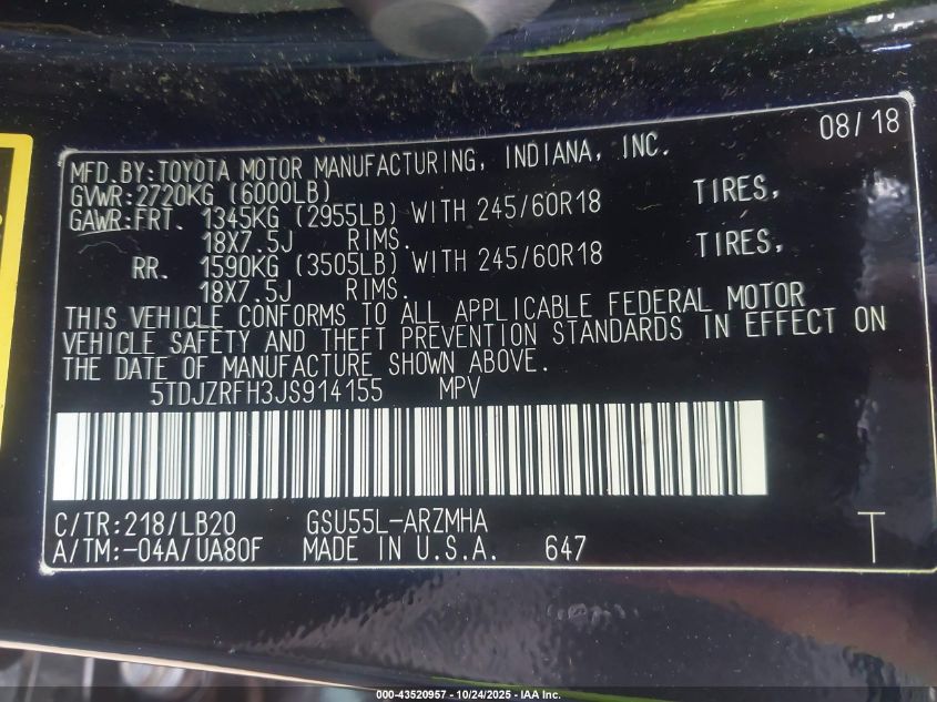 2018 TOYOTA HIGHLANDER XLE 5TDJZRFH3JS914155