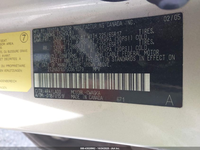 2005 Lexus Rx 330 VIN: 2T2HA31U75C061079 Lot: 43520962