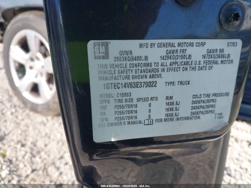 2003 GMC Sierra 1500 VIN: 1GTEC14V63E379022 Lot: 43520964