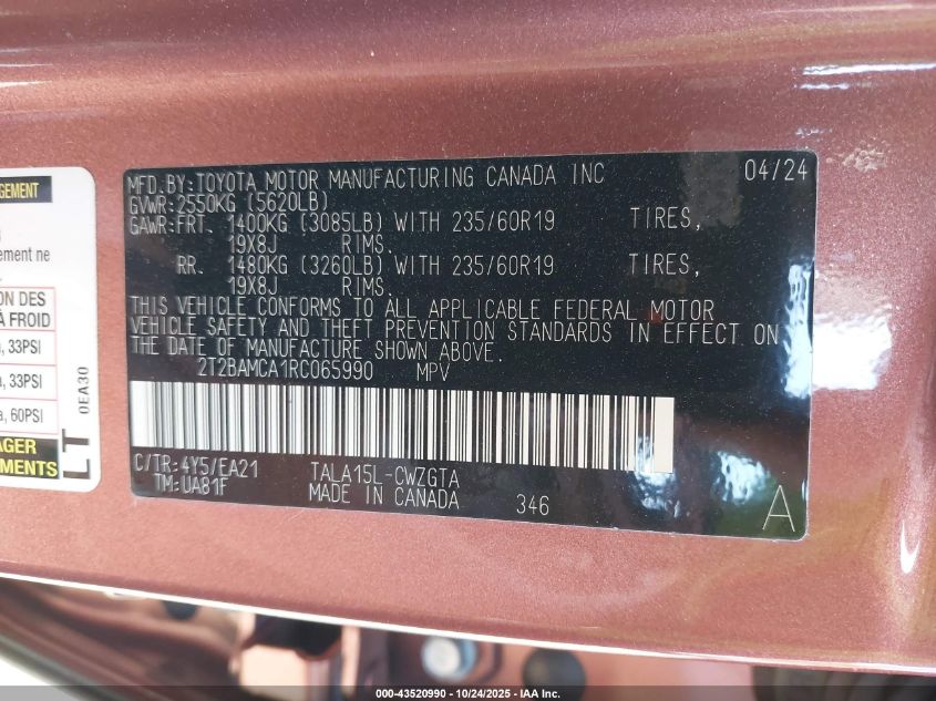 2024 Lexus Rx 350 Premium VIN: 2T2BAMCA1RC065990 Lot: 43520990