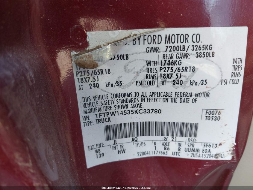 2005 Ford F-150 Fx4/Lariat/Xlt VIN: 1FTPW14535KC33780 Lot: 43521042