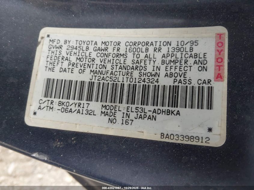 1996 Toyota Tercel Std/Dx VIN: JT2AC52L1T0124324 Lot: 43521057