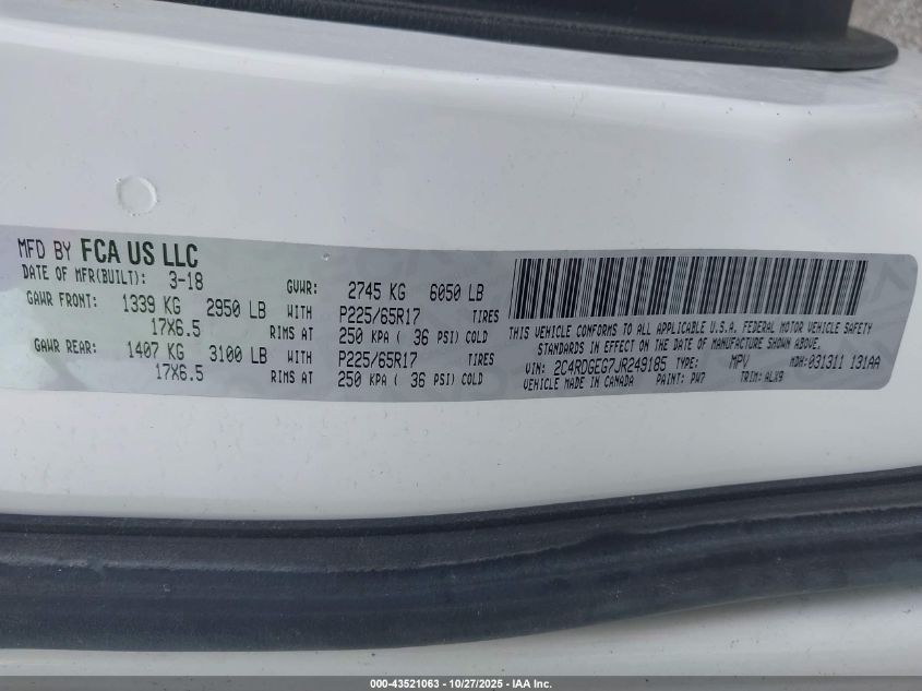 2018 Dodge Grand Caravan Gt VIN: 2C4RDGEG7JR249185 Lot: 43521063