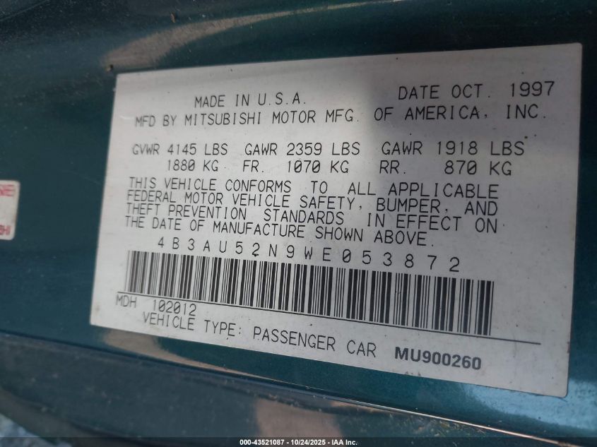 1998 Dodge Avenger Es VIN: 4B3AU52N9WEO53872 Lot: 43521087