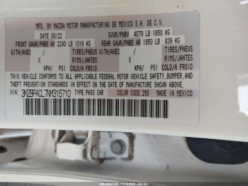 2022 Mazda Mazda3 Preferred VIN: 3MZBPACL7NM316710 Lot: 43521105
