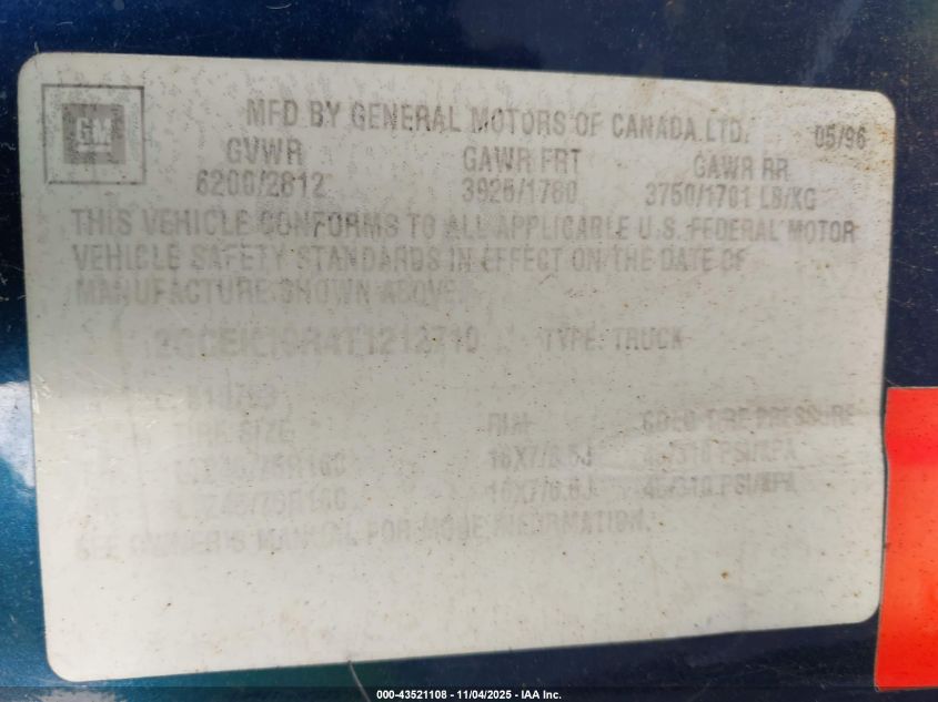 1996 Chevrolet Gmt-400 K1500 VIN: 2GCEK19R4T1212710 Lot: 43521108