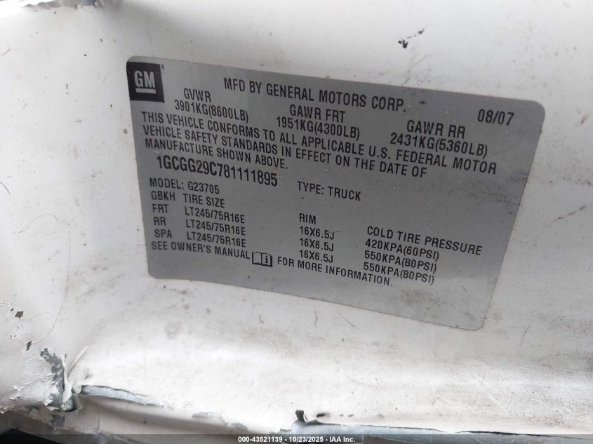 2008 Chevrolet Express Work Van VIN: 1GCGG29C781111895 Lot: 43521139