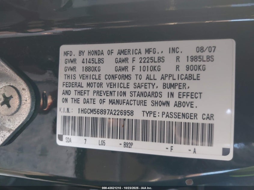 1HGCM56897A226958 2007 HONDA ACCORD photo no. 9