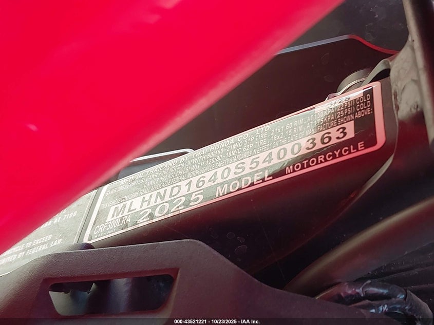 2025 Honda Crf300 Lra VIN: MLHND1640S5400363 Lot: 43521221