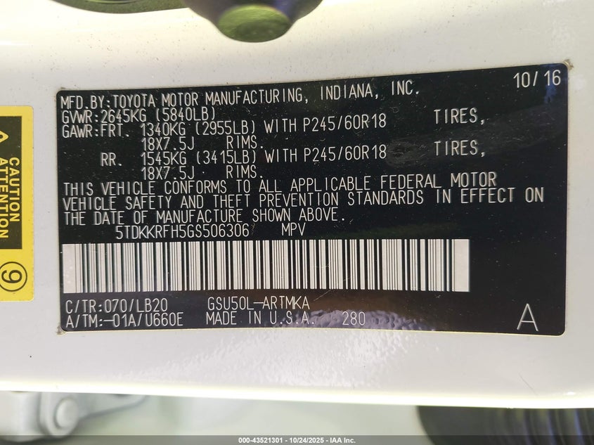 2016 TOYOTA HIGHLANDER XLE V6 5TDKKRFH5GS506306