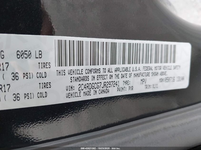 2018 Dodge Grand Caravan Sxt VIN: 2C4RDGCG7JR297241 Lot: 43521302