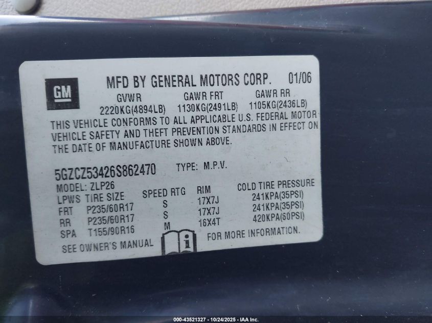 2006 Saturn Vue V6 VIN: 5GZCZ53426S862470 Lot: 43521327