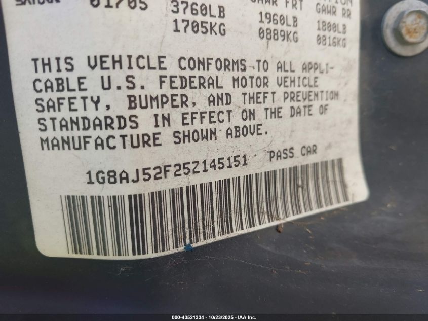 2005 Saturn Ion 2 VIN: 1G8AJ52F25Z145151 Lot: 43521334