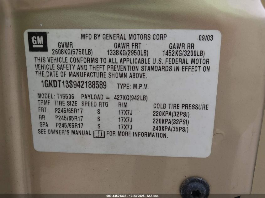 2004 GMC Envoy Slt VIN: 1GKDT13S942188589 Lot: 43521338