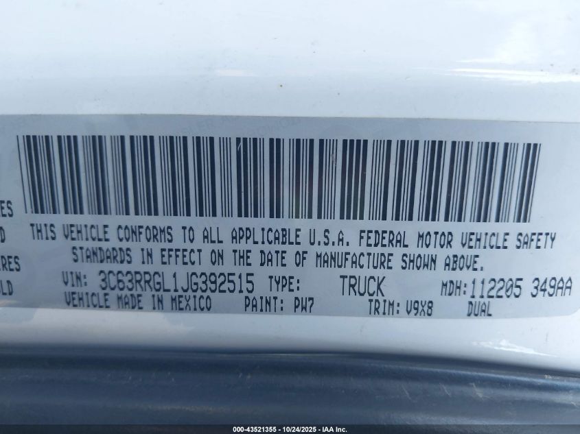 2018 Ram 3500 Tradesman 4X4 8' Box VIN: 3C63RRGL1JG392515 Lot: 43521355