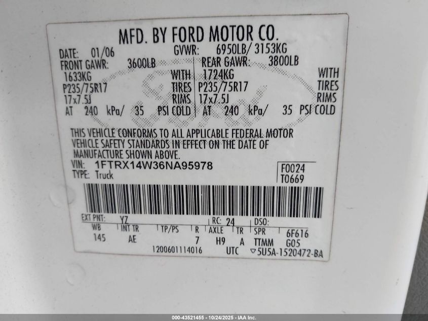 2006 Ford F-150 Stx/Xl/Xlt VIN: 1FTRX14W36NA95978 Lot: 43521455