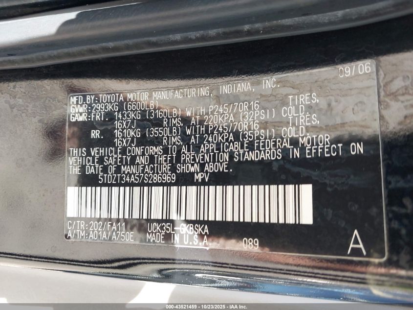 2007 Toyota Sequoia Sr5 V8 VIN: 5TDZT34A57S286969 Lot: 43521459