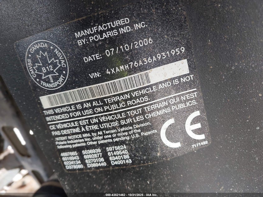 2006 Polaris Sportsman 800 VIN: 4XAMH76A36A931959 Lot: 43521462