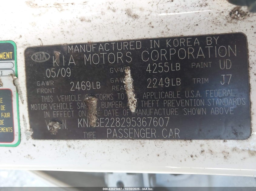 2009 Kia Optima Lx VIN: KNAGE228295367607 Lot: 43521497