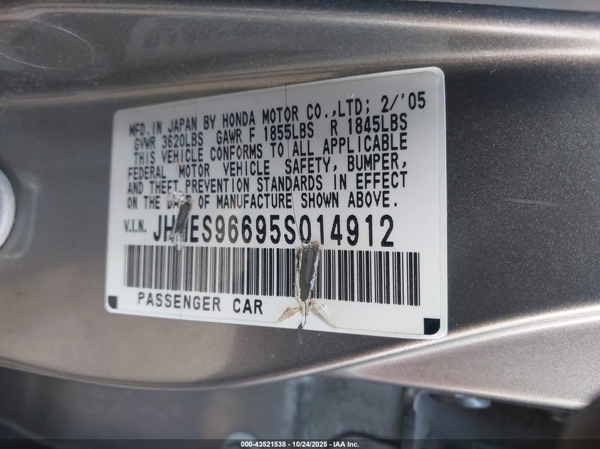 JHMES96695S014912 2005 HONDA CIVIC photo no. 9