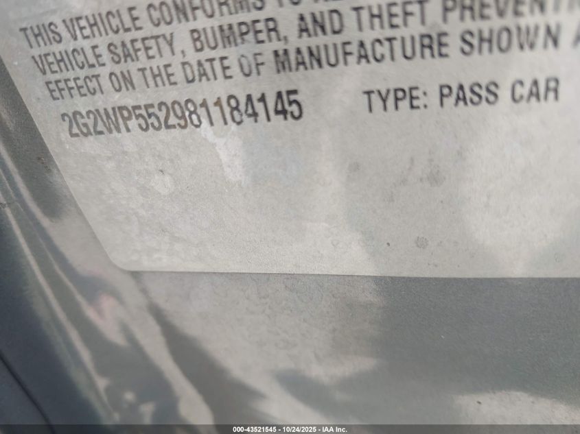 2008 Pontiac Grand Prix VIN: 2G2WP552981184145 Lot: 43521545