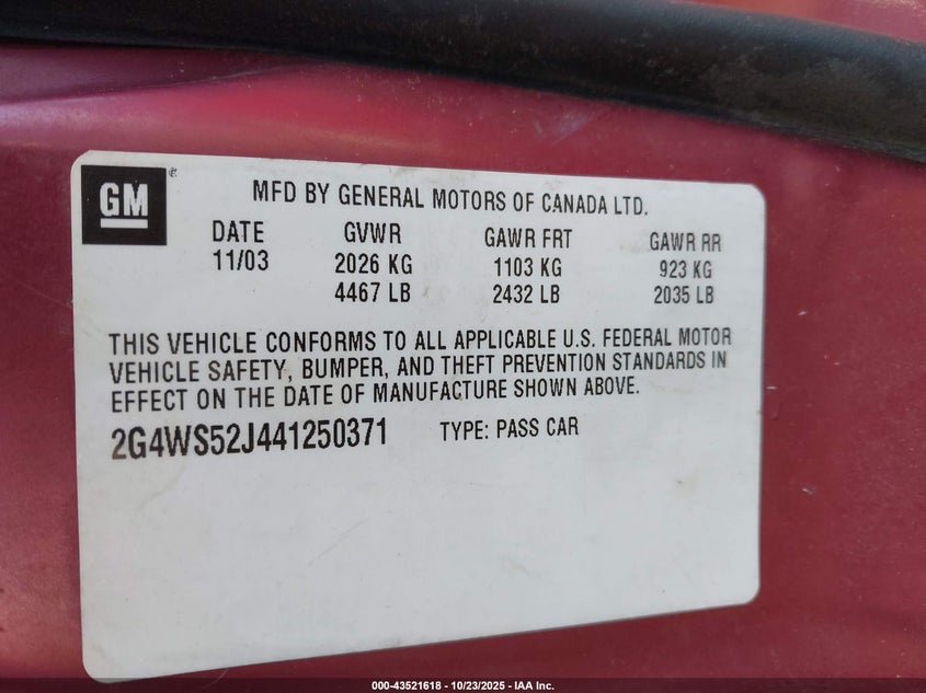 2G4WS52J441250371 2004 BUICK CENTURY photo no. 9